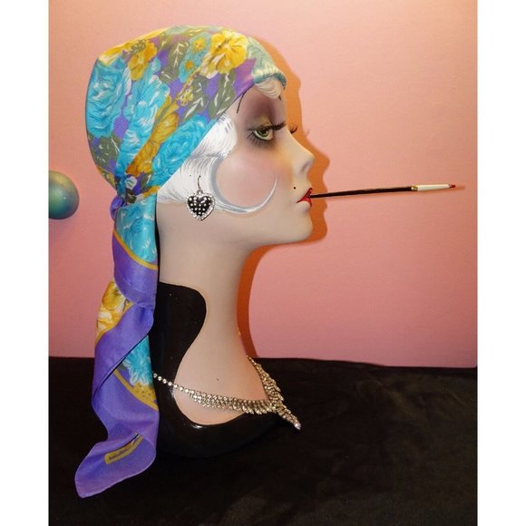 Vintage Blue & Purple Extra Large Floral Scarf square shaped flowers leaves 70s - Picture 8 of 16